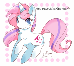 Size: 795x710 | Tagged: safe, artist:chikoritamoon, imported from derpibooru, pony, unicorn, children of the night, abstract background, blushing, chest fluff, ear fluff, female, horn, mare, signature, smiling, solo
