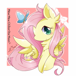 Size: 800x800 | Tagged: safe, artist:chikoritamoon, imported from derpibooru, fluttershy, butterfly, pegasus, pony, abstract background, blushing, chest fluff, female, looking at you, mare, signature, smiling, solo, spread wings, wings