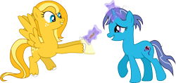 Size: 1944x917 | Tagged: safe, artist:chipmagnum, imported from derpibooru, oc, oc only, oc:luz, oc:sorcerushorserus, pegasus, pony, unicorn, autograph, female, magic, mare, simple background, transparent background