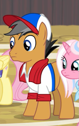 Size: 349x555 | Tagged: safe, imported from derpibooru, screencap, clear sky, fluttershy, quibble pants, earth pony, pony, unicorn, common ground, season 9, buckball uniform, cap, clothes, cropped, hat, offscreen character, solo focus