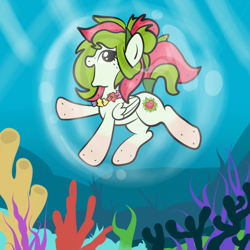 Size: 2100x2100 | Tagged: safe, artist:sjart117, imported from derpibooru, oc, oc only, oc:watermelana, pegasus, pony, bubble, coral, female, freckles, gradient hooves, lei, mare, ocean, seabed, seaweed, smiling, solo, underwater, water