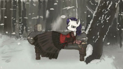 Size: 1920x1080 | Tagged: safe, artist:s.l.guinefort, imported from derpibooru, rarity, pony, unicorn, alternate hairstyle, clothes, dress, female, forest, looking at you, mare, snow, snowfall, solo, tree, winter