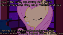 Size: 1280x720 | Tagged: safe, edit, edited screencap, imported from derpibooru, screencap, fluttershy, pony, stare master, caption, duck tales, ducktales, ducktales 2017, female, hush now quiet now, image macro, solo, spoilers for another series, text