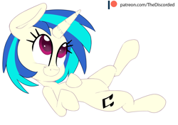Size: 2000x1404 | Tagged: safe, artist:discorded, imported from derpibooru, dj pon-3, vinyl scratch, pony, cute, cutie mark, female, looking up, missing accessory, on back, on side, patreon, patreon logo, patreon reward, side, simple background, smiling, solo, vinylbetes, white background
