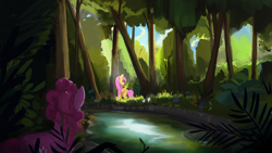 Size: 1920x1080 | Tagged: safe, artist:hierozaki, imported from derpibooru, fluttershy, pinkie pie, earth pony, pegasus, pony, female, forest, mare, scenery, tree