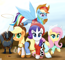 Size: 5990x5547 | Tagged: safe, artist:theretroart88, imported from derpibooru, applejack, fluttershy, rainbow dash, rarity, earth pony, pegasus, pony, unicorn, my little pony: the movie, absurd resolution, bag, boots, clothes, cowboy hat, cowgirl, cowgirl outfit, crossover, female, freckles, hat, jessie (toy story), lasso, looking at you, mare, money bag, moneybags, movie accurate, pants, raised hoof, rope, shoes, smiling, stetson, storm guard, tied hands, tied up, toy story, western, woody