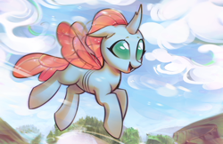 Size: 3402x2206 | Tagged: safe, artist:mirroredsea, imported from derpibooru, ocellus, changedling, changeling, cloud, commission, cute, diaocelles, female, floppy ears, flying, forest, happy, motion blur, mountain, open mouth, scenery, sky, smiling, solo, spread wings, tree, wind, wings, 👒🕍ocellus