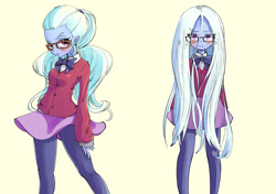 Size: 2894x2039 | Tagged: safe, artist:unousaya, imported from derpibooru, sugarcoat, equestria girls, alternate hairstyle, blushing, bow, clothes, crystal prep academy uniform, cute, eye clipping through hair, female, glasses, looking at you, loose hair, school uniform, simple background, solo, sugarcute, tsunderecoat, unamused, uniform ribbon