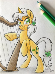 Size: 800x1088 | Tagged: safe, artist:littlehybridshila, imported from derpibooru, oc, oc only, oc:forest lullaby, pony, unicorn, bipedal, blushing, clover, colored pencil drawing, colored pencils, female, four leaf clover, harp, looking at you, mare, musical instrument, shamrock, solo, traditional art