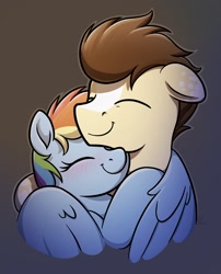 Size: 1466x1816 | Tagged: safe, artist:selenophile, imported from derpibooru, rainbow dash, oc, oc:skittle, pony, blushing, canon x oc, cute, eyes closed, female, floppy ears, happy, hug, male, skidash, snuggling, straight, winghug