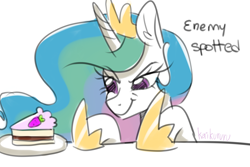 Size: 3000x2000 | Tagged: safe, artist:kaikururu, imported from derpibooru, princess celestia, alicorn, pony, cake, cakelestia, dreamworks face, eyes on the prize, female, food, mare, solo