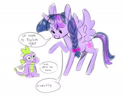 Size: 2413x1957 | Tagged: safe, artist:kaikururu, imported from derpibooru, spike, twilight sparkle, alicorn, dragon, pony, braid, colored sketch, dialogue, female, lesbian, mama twilight, mare, raised hoof, smiling, twilight sparkle (alicorn), ur mom, vulgar, winged spike, wings, your mom, your mom gay