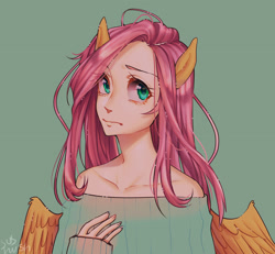 Size: 1280x1182 | Tagged: safe, artist:sushushshush, imported from derpibooru, fluttershy, human, anime, clothes, eared humanization, female, green background, humanized, off shoulder, simple background, solo, winged humanization, wings