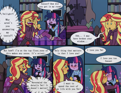 Size: 2048x1573 | Tagged: safe, artist:verumteednp, deleted from derpibooru, imported from derpibooru, sci-twi, sunset shimmer, twilight sparkle, comic:sparkling shimmer, equestria girls, april fools joke, blushing, clothes, female, kissing, lesbian, sci-twi's room, scitwishimmer, shipping, sunsetsparkle