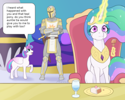 Size: 1563x1250 | Tagged: safe, artist:arareroll, edit, imported from derpibooru, princess celestia, princess flurry heart, alicorn, human, armor, cake, dark souls, eating, female, food, fork, glowing horn, knight, magic, smiling, speech bubble