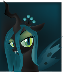 Size: 675x768 | Tagged: safe, artist:lottapotatosalad, imported from derpibooru, queen chrysalis, changeling, changeling queen, beautiful, bust, crown, fangs, female, green background, jewelry, lidded eyes, looking at you, portrait, regalia, simple background, solo