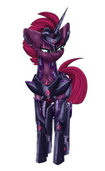 Size: 900x1472 | Tagged: safe, artist:tillie-tmb, imported from derpibooru, fizzlepop berrytwist, tempest shadow, pony, fanfic:the amulet of shades, armor, dusk guard, fanfic art, female, prosthetic horn, prosthetics, royal guard, simple background, solo, tempest becomes a royal guard, tempest gets her horn back, twilight's royal guard, white background