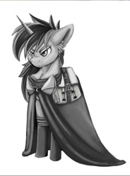 Size: 400x544 | Tagged: safe, artist:tillie-tmb, imported from derpibooru, oc, oc only, oc:tempest, pony, unicorn, cloak, clothes, female, mare, monochrome, saddle bag, simple background, solo, white background