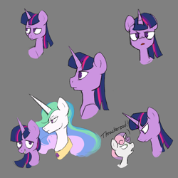 Size: 1500x1500 | Tagged: safe, artist:friendlyraccoon, imported from derpibooru, princess celestia, sweetie belle, twilight sparkle, alicorn, pony, unicorn, mentally advanced series, bust, dialogue, female, filly, mare, peytral, sketch, thrackerzod