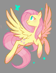 Size: 1523x1980 | Tagged: source needed, safe, artist:pinweena30, imported from derpibooru, fluttershy, butterfly, pegasus, pony, female, flying, gray background, head turn, looking at something, looking up, mare, no pupils, simple background, smiling, solo, spread wings, turned head, wings