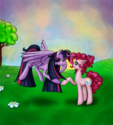 Size: 848x942 | Tagged: safe, artist:ketrin0cat, imported from derpibooru, pinkie pie, twilight sparkle, alicorn, earth pony, pony, alternate hairstyle, eye contact, female, flower, flying, grass, lesbian, looking at each other, mare, shipping, sky, smiling, touching hooves, tree, twilight sparkle (alicorn), twinkie, wings