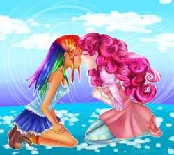 Size: 947x844 | Tagged: safe, artist:lumipop, imported from derpibooru, pinkie pie, rainbow dash, human, about to kiss, clothes, cloud, dress, eyes closed, female, humanized, imminent kissing, kneeling, lesbian, pinkiedash, shipping, shirt, shoes, skirt, sky, stockings