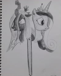 Size: 2448x3060 | Tagged: safe, artist:rockhoppr3, imported from derpibooru, princess cadance, queen chrysalis, changeling, pony, bust, monochrome, portrait, traditional art