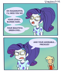 Size: 1024x1200 | Tagged: safe, artist:dimbulb, imported from derpibooru, applejack, rarity, equestria girls, equestria girls series, spring breakdown, spoiler:eqg series (season 2), comic, female, glasses, gradient background, implied lesbian, implied ragamuffin, implied rarijack, implied shipping