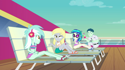 Size: 1920x1080 | Tagged: safe, imported from derpibooru, screencap, derpy hooves, dj pon-3, lyra heartstrings, vinyl scratch, equestria girls, equestria girls series, spring breakdown, spoiler:eqg series (season 2), belly button, bikini, clothes, feet, female, flip-flops, legs, midriff, one-piece swimsuit, sandals, swimsuit, two-piece swimsuit