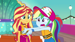 Size: 1920x1080 | Tagged: safe, imported from derpibooru, screencap, rainbow dash, sunset shimmer, equestria girls, equestria girls series, spring breakdown, spoiler:eqg series (season 2), baseball cap, beads, cap, choker, clothes, cruise outfit, duo, duo female, female, geode of empathy, geode of super speed, hat, lifejacket, magical geodes, pants, ponytail, wristband, yacht