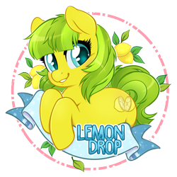 Size: 2500x2500 | Tagged: safe, artist:onnanoko, imported from derpibooru, oc, oc only, oc:lemon drop, earth pony, pony, banner, cute, female, food, fruit, get, grin, index get, leaning, lemon, looking at you, mare, ocbetes, simple background, smiling, solo, sparkles, transparent background