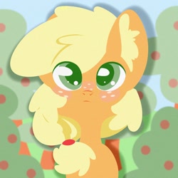 Size: 2048x2048 | Tagged: safe, artist:dodsie, imported from derpibooru, applejack, earth pony, pony, apple tree, blushing, bust, colored pupils, cute, ear fluff, eye clipping through hair, female, freckles, frown, jackabetes, looking at you, mare, orchard, portrait, solo, tree