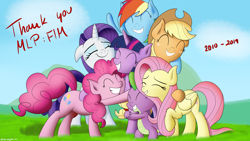 Size: 2560x1440 | Tagged: safe, artist:bluemeganium, imported from derpibooru, applejack, fluttershy, pinkie pie, rainbow dash, rarity, spike, twilight sparkle, dragon, earth pony, pegasus, pony, unicorn, castle sweet castle, cuddling, end of ponies, eyes closed, female, group hug, happy, hug, mane seven, mane six, mare, outdoors, smiling, thank you