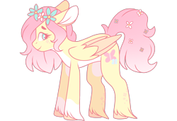 Size: 3000x2048 | Tagged: safe, artist:cinnamontee, imported from derpibooru, fluttershy, pegasus, pony, alternate design, coat markings, female, floppy ears, floral head wreath, flower, flower in tail, folded wings, high res, looking at you, mare, pale belly, profile, short mane, simple background, smiling, socks (coat marking), socks (coat markings), solo, standing, transparent background, two toned wings, unshorn fetlocks, wings