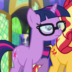 Size: 946x950 | Tagged: safe, imported from derpibooru, screencap, sci-twi, sunset shimmer, twilight sparkle, unicorn, equestria girls, equestria girls series, spring breakdown, spoiler:eqg series (season 2), cropped, cutie mark, equestria girls ponified, female, glasses, mare, offscreen character, unicorn sci-twi