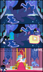 Size: 5600x9200 | Tagged: safe, alternate version, artist:evilfrenzy, imported from derpibooru, princess celestia, princess luna, oc, oc:cruithne, oc:frenzy, alicorn, pony, unicorn, age regression, alicorn oc, angry, april fools, april fools 2019, april fools joke, baby, baby luna, baby pony, chase, colt, diaper, diaper package, dropper, female, filly, filly luna, foal, fruna, heterochromia, levitation, magic, male, maternaluna, offspring, onomatopoeia, open mouth, parent:oc:frenzy, parent:princess luna, parents:canon x oc, parents:fruna, pipette, prank, question mark, royal guard, scolding, sleeping, sound effects, telekinesis, underhoof, woona, younger, zzz