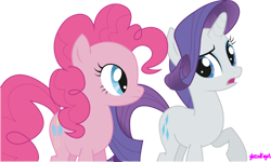 Size: 1024x613 | Tagged: safe, artist:audoubled, imported from derpibooru, pinkie pie, rarity, earth pony, pony, unicorn, dragonshy, female, mare, open mouth, raised hoof, simple background, smiling, transparent background