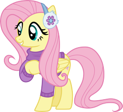 Size: 3284x3000 | Tagged: safe, artist:cloudy glow, artist:cloudyglow, artist:yanoda, imported from derpibooru, fluttershy, pegasus, pony, best gift ever, .ai available, clothes, earmuffs, female, high res, mare, simple background, solo, sweater, transparent background, vector, winter, winter outfit