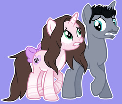 Size: 1024x872 | Tagged: safe, artist:cindydreamlight, artist:cindystarlight, imported from derpibooru, oc, oc only, oc:cindy, oc:zac, pony, unicorn, blue background, bow, cinzac, female, lip bite, male, mare, simple background, stallion, tail bow, worried