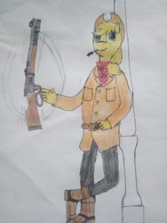 Size: 2448x3264 | Tagged: safe, artist:überreaktor, imported from derpibooru, applejack, anthro, bandana, boots, clothes, gun, gun spinning, hat, lever action rifle, pole, rifle, shoes, traditional art, weapon, winchester 1873