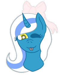 Size: 590x732 | Tagged: safe, artist:curlykinq, imported from derpibooru, oc, oc:fleurbelle, alicorn, pony, :p, adorabelle, adorable face, alicorn oc, bow, cute, female, hair bow, happy, mare, one eye closed, ribbon, silly, sweet, tongue out, wink, yellow eyes