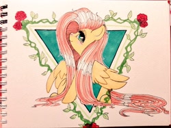 Size: 1024x767 | Tagged: safe, artist:ponycide, imported from derpibooru, fluttershy, pegasus, pony, female, flower, lidded eyes, rose, smiling, solo, traditional art