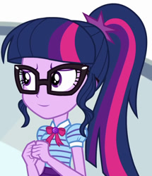 Size: 915x1063 | Tagged: safe, edit, edited screencap, editor:mycarhasamoustache, imported from derpibooru, screencap, sci-twi, twilight sparkle, equestria girls, equestria girls series, text support, female, geode of telekinesis, magical geodes, ponytail, smile edit, solo