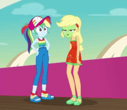 Size: 414x359 | Tagged: safe, imported from derpibooru, screencap, applejack, rainbow dash, seagull, equestria girls, equestria girls series, spring breakdown, spoiler:eqg series (season 2), animated, clothes, cruise, female, green face, pants, seasickness, sleeveless, tanktop, vomiting