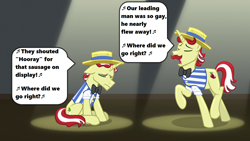 Size: 1280x720 | Tagged: safe, edit, edited screencap, imported from derpibooru, screencap, flam, flim, friendship university, season 8, spoiler:s08, flim flam brothers, gone horribly right, implied gay, leo bloom, lyrics, max bialystock, music notes, sad, singing, song in the comments, song reference, speech bubble, spotlight, stage, text, the producers, where did we go right