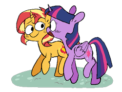Size: 500x375 | Tagged: safe, artist:pinkiespresent, imported from derpibooru, sunset shimmer, twilight sparkle, alicorn, pony, unicorn, blushing, cute, duo, female, mare, open mouth, profile, shimmerbetes, smiling, talking, twiabetes, twilight sparkle (alicorn)