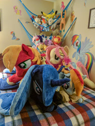 Size: 3120x4160 | Tagged: safe, artist:epicrainbowcrafts, imported from derpibooru, apple bloom, big macintosh, derpy hooves, dj pon-3, fluttershy, pinkie pie, princess luna, rainbow dash, rarity, scootaloo, shining armor, twilight sparkle, vinyl scratch, pony, bed, irl, photo, plushie