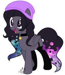 Size: 835x957 | Tagged: safe, artist:mintoria, artist:space--paws0w0, imported from derpibooru, oc, oc only, oc:space splash, pegasus, pony, beanie, clothes, collar, female, hat, mare, simple background, socks, solo, stockings, thigh highs, transparent background, watermark