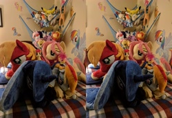 Size: 5788x3963 | Tagged: safe, artist:epicrainbowcrafts, imported from derpibooru, apple bloom, big macintosh, derpy hooves, dj pon-3, fluttershy, pinkie pie, princess luna, rainbow dash, rarity, scootaloo, shining armor, twilight sparkle, vinyl scratch, pony, bed, cross eye stereogram, irl, photo, plushie, stereoscopy