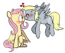 Size: 1234x1000 | Tagged: safe, artist:pinkiespresent, imported from derpibooru, derpy hooves, fluttershy, pegasus, pony, blushing, boop, derpyshy, female, happy, heart, lesbian, mare, noseboop, nuzzling, outline, profile, shipping, simple background, smiling, spread wings, surprised, transparent background, wings